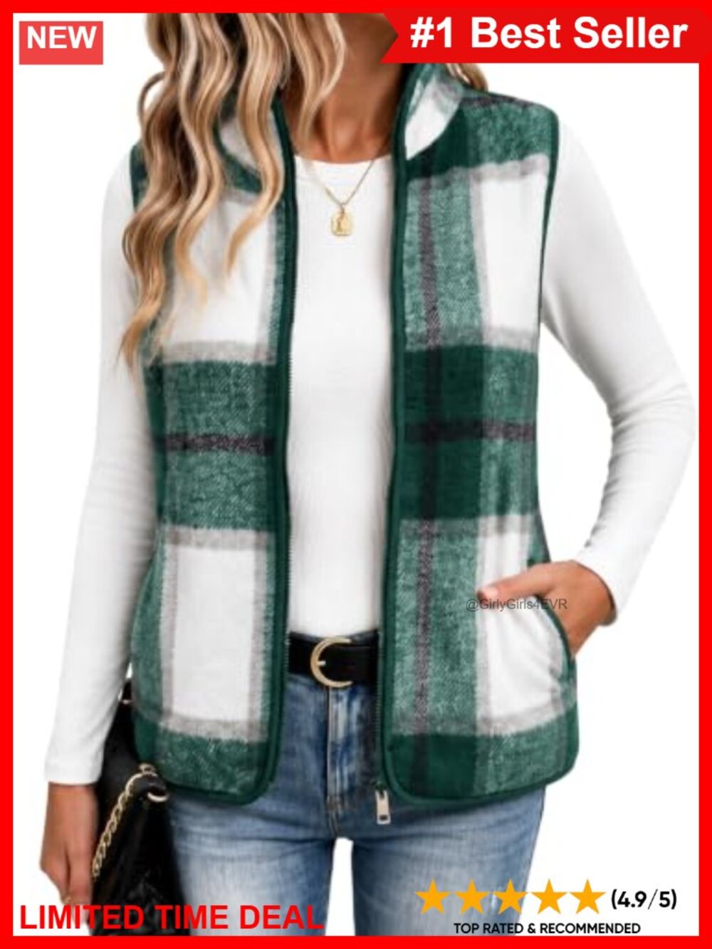 Plaid Flannel Vest Sleeveless Zip Lined Pockets Women's
